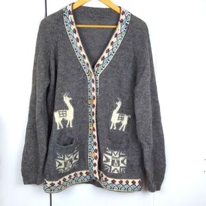 Vintage Gray Embroidered Alpaca/Wool Sweater Cardigan Cottagecore Sz.Large